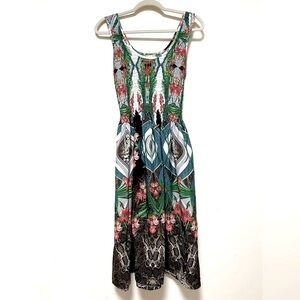 Palmera Sleeveless Tropical Floral Maxi Dress Smocked Bodice Tie Belt, Free Size